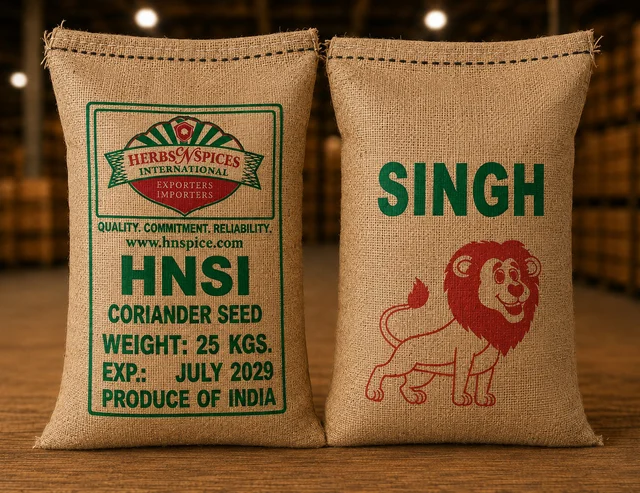 Coriander Seed — 25 kg sacks packed under the SINGH brand